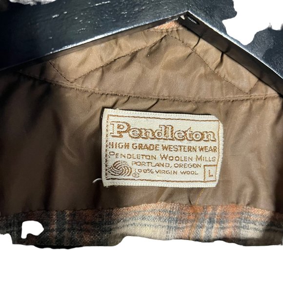 Vintage 70s Pendleton Brown Plaid Western Yoke Long Sleeve Pearl Button Up Large - Picture 3 of 7